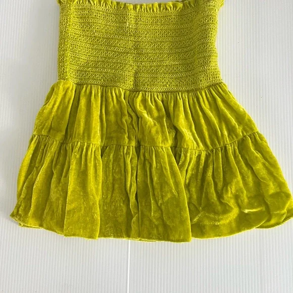 La Plage Smocked Tiered Velvet Mini skirt in Chartreuse silk XS - Picture 3 of 7